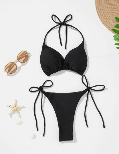 Black 3-Piece Bikini Set | Halter Tie Triangle Top, Backless Bikini with Cover-Up