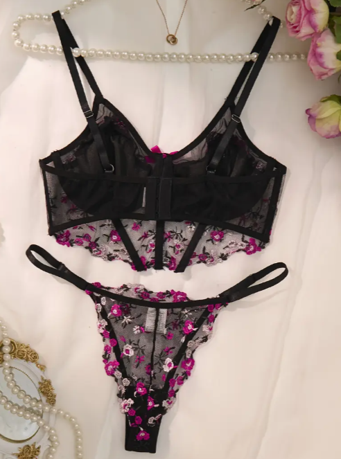 Opulent Bloom Floral Embroidered Black Lingerie Set - Sheer Mesh Bra & Low-Rise Thong