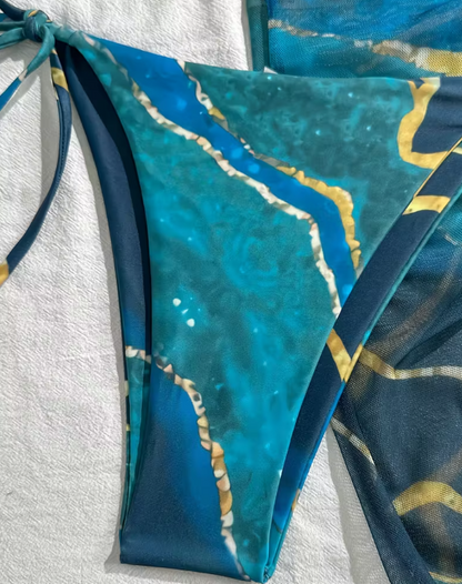 Hot Marble Pattern Three-Piece Bikini Set with Mesh Cover-Up