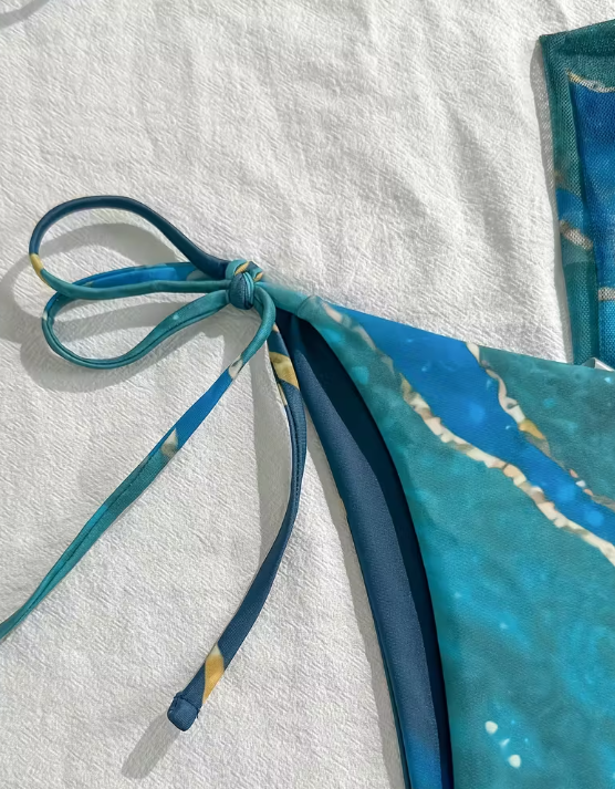 Hot Marble Pattern Three-Piece Bikini Set with Mesh Cover-Up