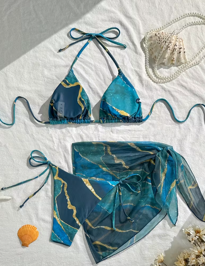 Hot Marble Pattern Three-Piece Bikini Set with Mesh Cover-Up
