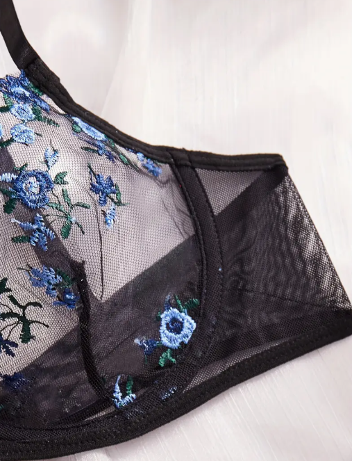 Black semi-sheer embroidered lace lingerie set featuring a soft lace bra with floral detailing and a matching lace panties