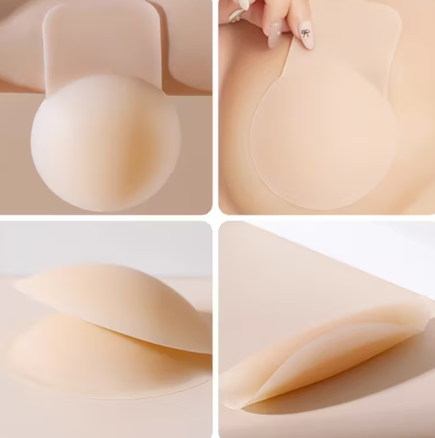 Collage of a beige adhesive breast lift up being applied and worn on skin.