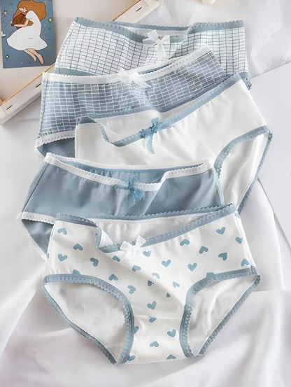 5-Pack Cotton Brief Panties with Lace Trim, Blue & White