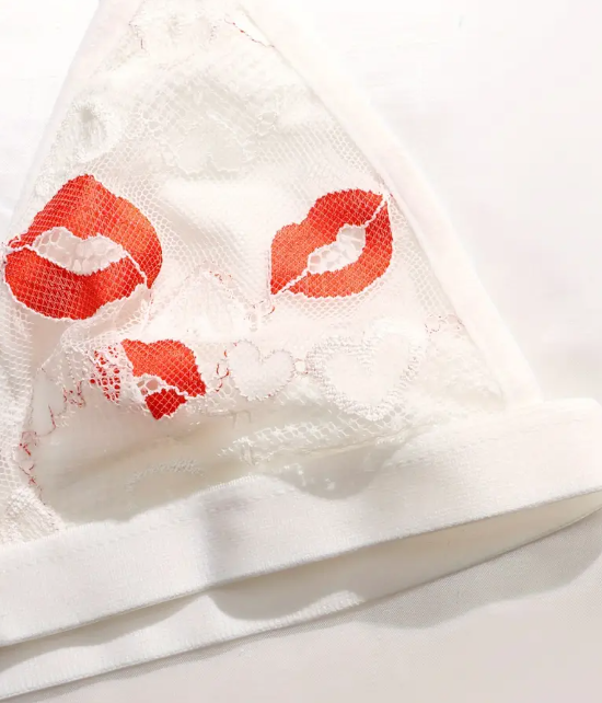 Muse of Mischief – Lip Print Mesh Plunge Bra