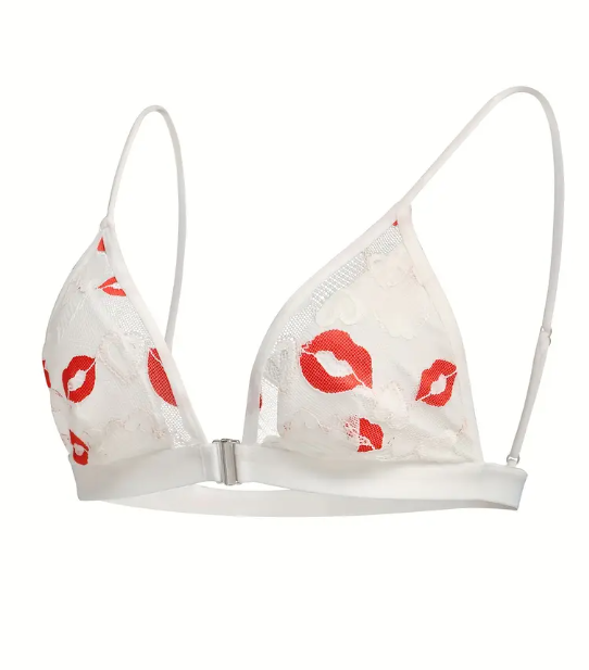 Muse of Mischief – Lip Print Mesh Plunge Bra