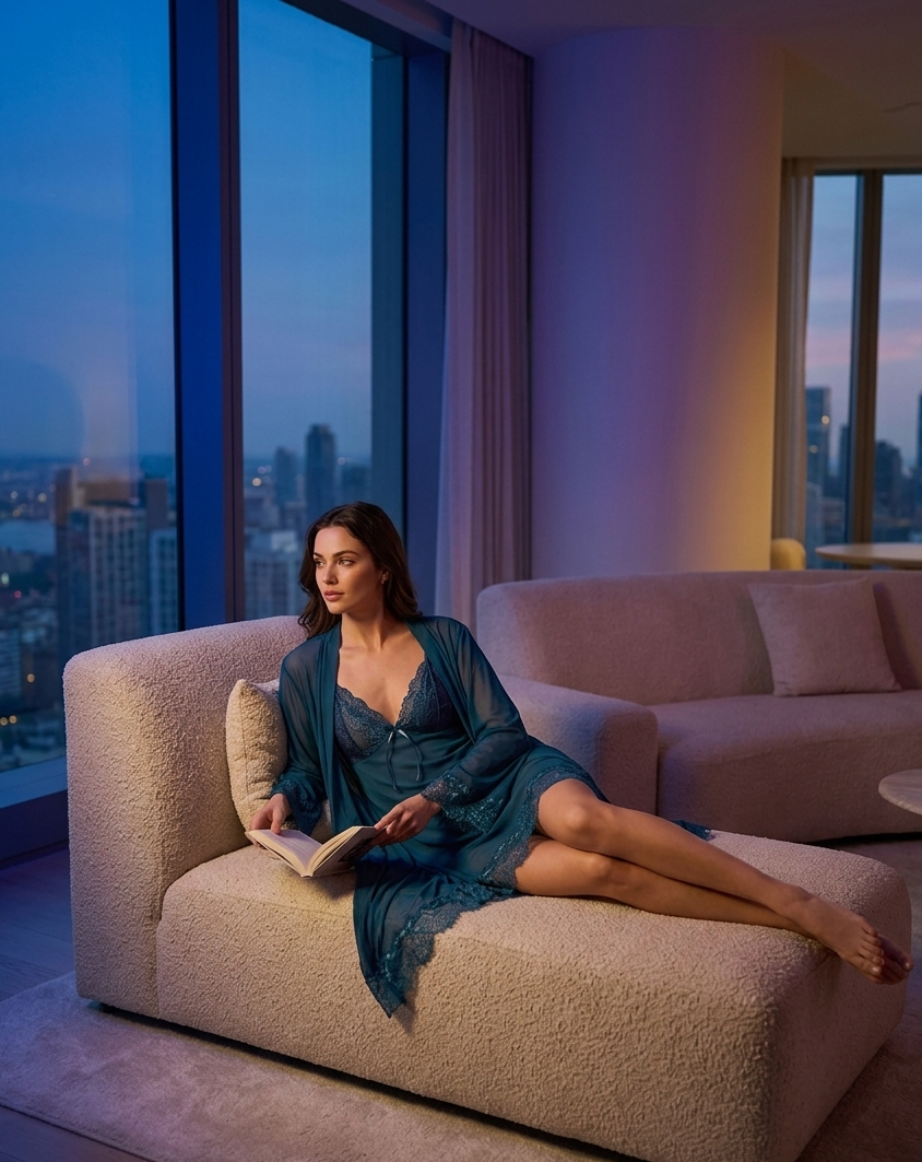 Woman in a blue loungewear sitting on a couch with a cityscape view in the background