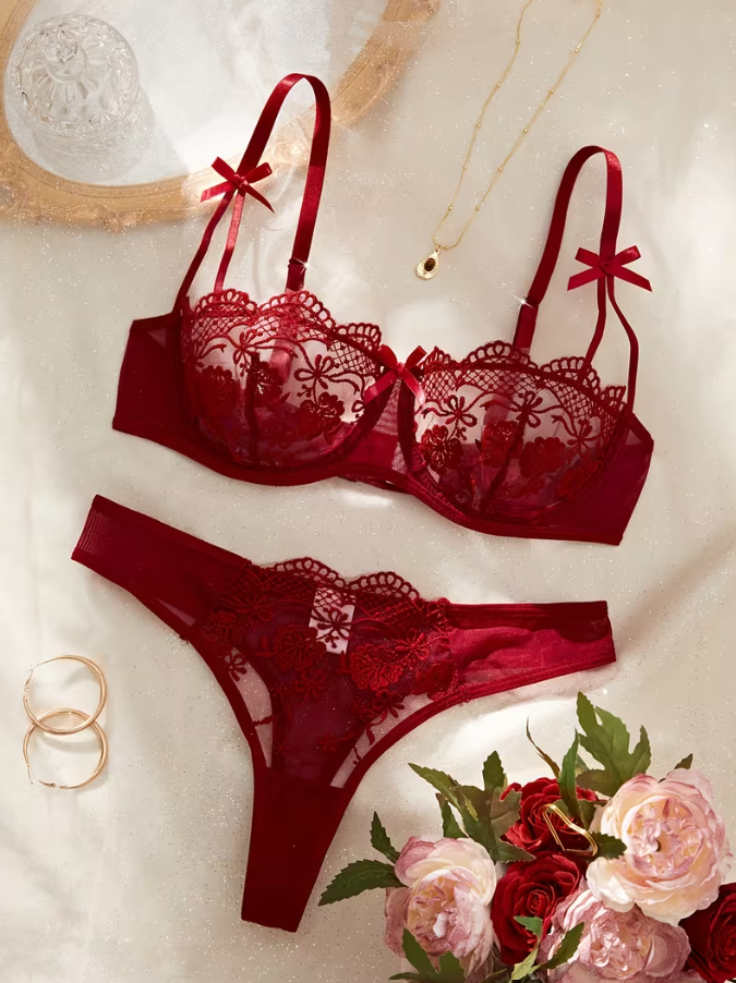 Burgundy Romance Embroidered Lingerie Set