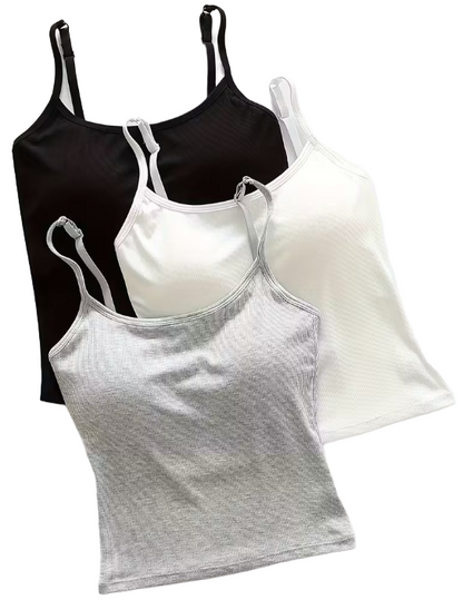 Set of black, white, and gray camisoles on a white background