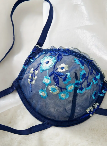 Midnight Bloom – Navy Blue Floral Mesh Embroidered Lingerie Set (Bra & Thong)