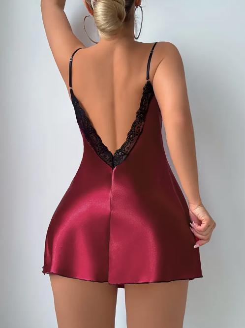 Scarlet Desire – Women’s Elegant V-Neck Lace Trim Satin Nightgown | Sexy Backless Slip Nightdress