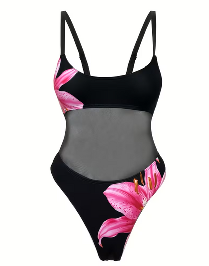Pink Lily Mesh Panel One-Piece Swimsuit