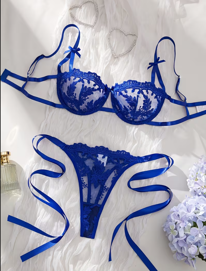 Royal Blue Embroidered Lace Lingerie Set