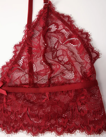 Red lace lingerie set on a white background