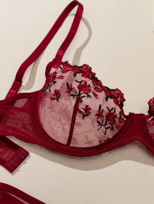 Red bra with floral embroidery
