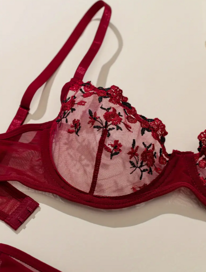 Red bra with floral embroidery
