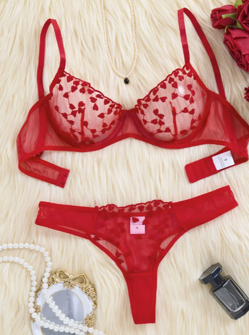 A two-piece red sheer lingerie set from The Seventh Muse, including an underwire bra and matching thong, both decorated with small heart embroidery