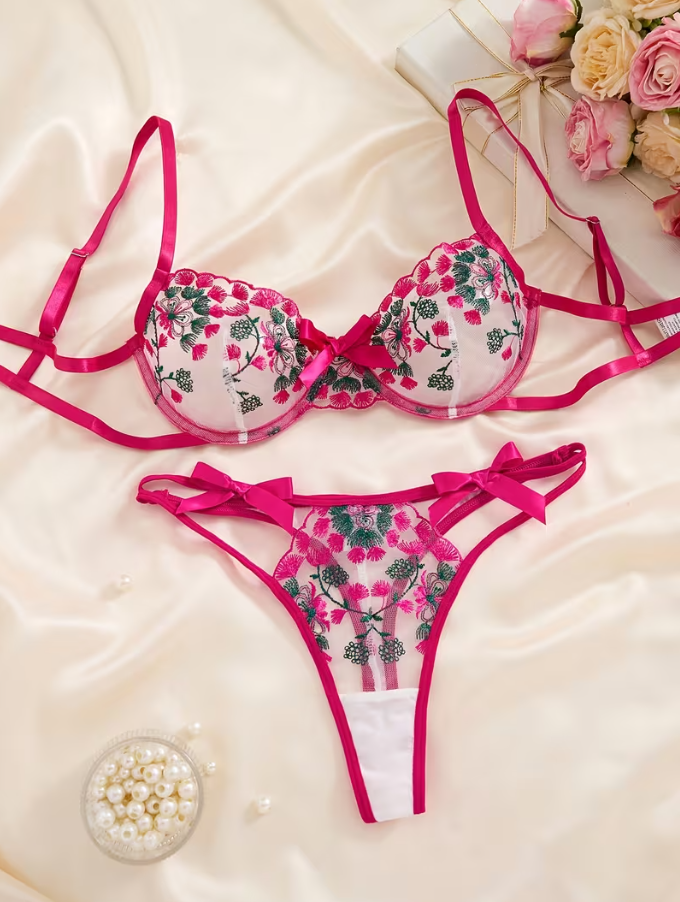 Rosé Bloom Embroidered Lingerie Set
