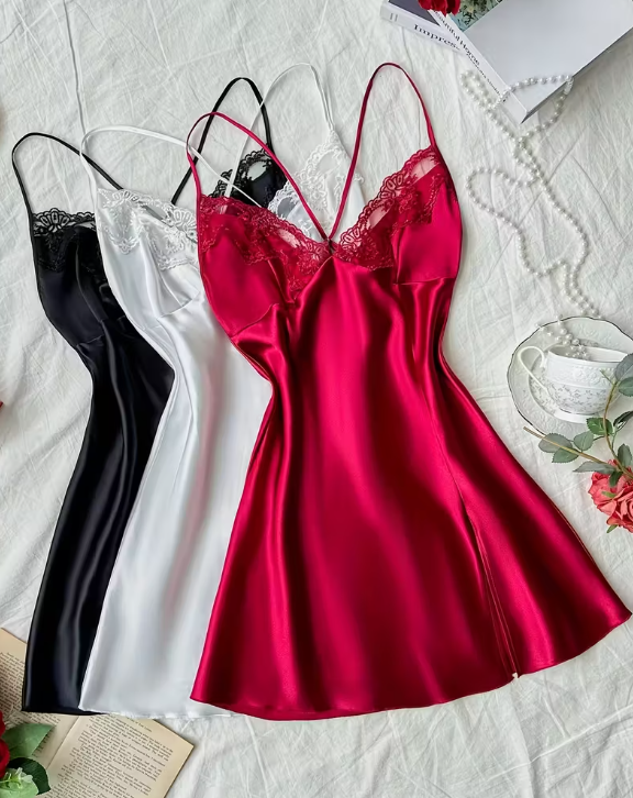 Silk Glow Lace Nightdress – Soft Satin Slip with Lace Detail