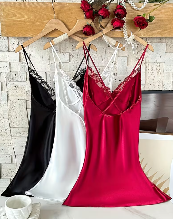 Silk Glow Lace Nightdress – Soft Satin Slip with Lace Detail