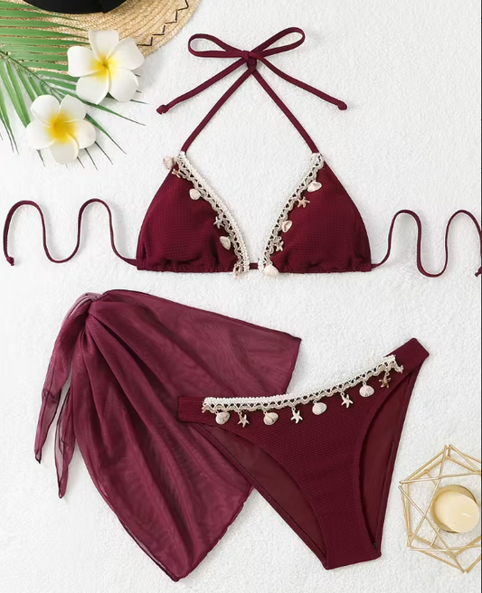 Sirena Shell Bikini Set with Sarong – Summer Triangle Bikini with Lace-Up Detail