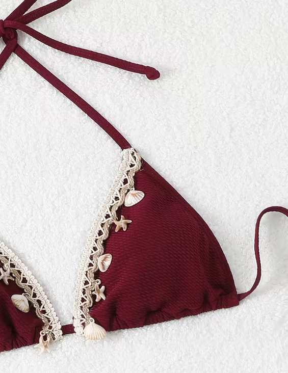 Sirena Shell Bikini Set with Sarong – Summer Triangle Bikini with Lace-Up Detail