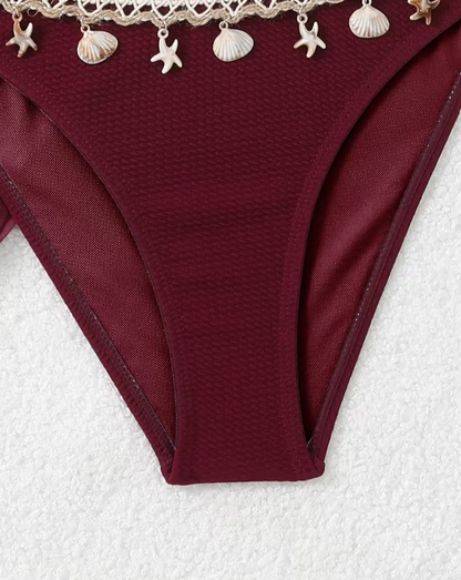 Sirena Shell Bikini Set with Sarong – Summer Triangle Bikini with Lace-Up Detail