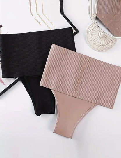 Seamless beige and  black shapewear panties with an extra-wide, stretchy ribbed high waistband for tummy control.