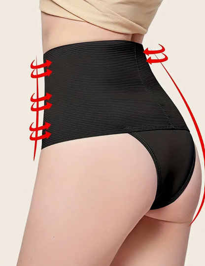 Close-up of seamless, black shapewear panties with an extra-wide, stretchy ribbed high waistband for tummy control.