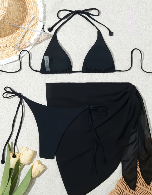 Black 3-Piece Bikini Set | Halter Tie Triangle Top, Backless Bikini with Cover-Up