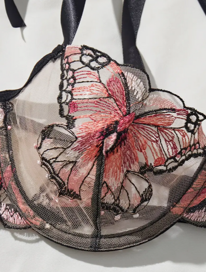 Elysian Butterfly Embroidered Lingerie Set | Black Sheer Bralette & Bow-Tie Thong