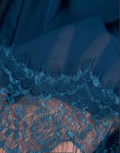 Close-up of blue lace fabric with intricate patterns