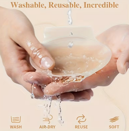Hands holding a silicone cup with water being poured, emphasizing washable, reusable, and soft properties.