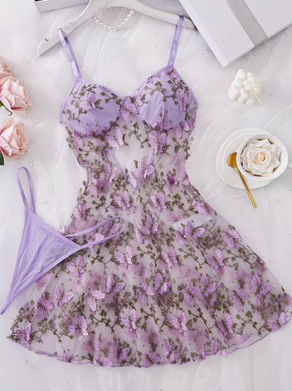 Lavender Muse Butterfly Embroidered Camisole Dress Set