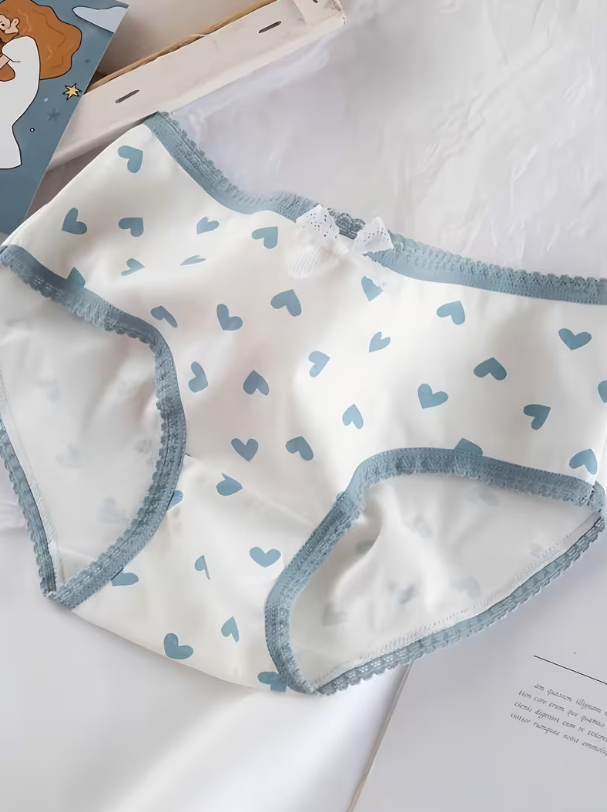 5-Pack Cotton Brief Panties with Lace Trim, Blue & White