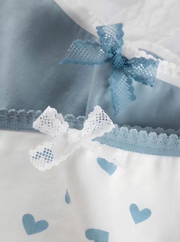 5-Pack Cotton Brief Panties with Lace Trim, Blue & White