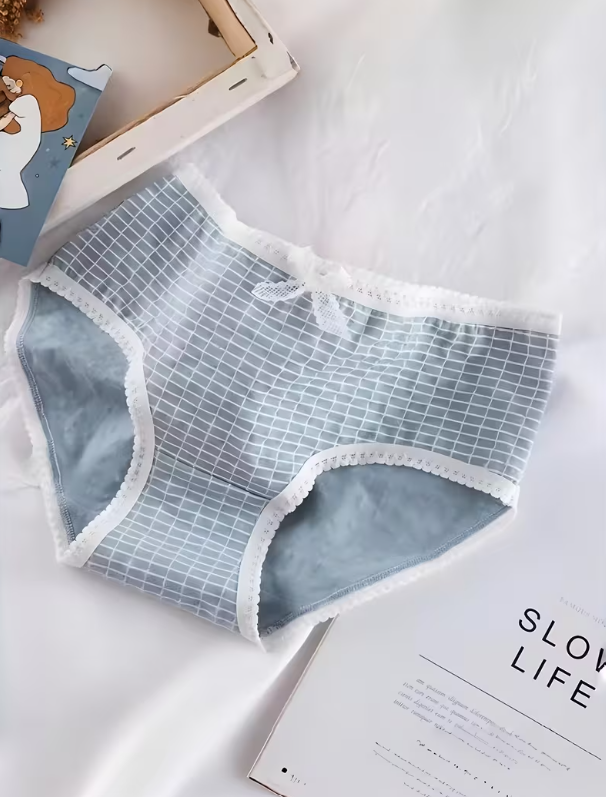 5-Pack Cotton Brief Panties with Lace Trim, Blue & White