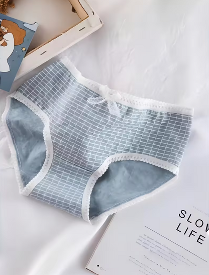 5-Pack Cotton Brief Panties with Lace Trim, Blue & White