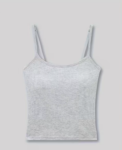 Light grey ribbed cotton camisole for women with thin adjustable straps – soft, stretchable, and perfect for layering or everyday comfort from The Seventh Muse.