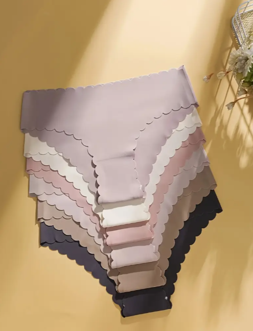 6 pcs-Pack Seamless Mid-Rise Panties with Lettuce Trim – Soft, Stretchy Briefs for Daily Comfort