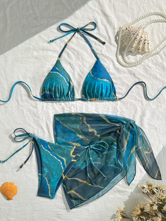 Hot Marble Pattern Three-Piece Bikini Set with Mesh Cover-Up