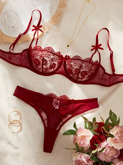 Burgundy Romance Embroidered Lingerie Set