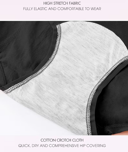 Close-up of a garment with high stretch fabric and cotton crotch cloth feature text. Set of black high-waisted period underwear with mesh panels by The Seventh Muse