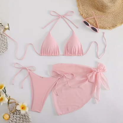 Pastel Pink 3-Piece Bikini Set for Women | Halter Tie Triangle Top, Backless Bikini with Cover-Up | High Stretch Swimwear