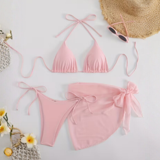 Pastel Pink 3-Piece Bikini Set for Women | Halter Tie Triangle Top, Backless Bikini with Cover-Up | High Stretch Swimwear