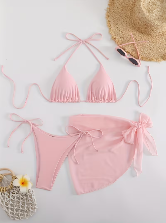 Pastel Pink 3-Piece Bikini Set for Women | Halter Tie Triangle Top, Backless Bikini with Cover-Up