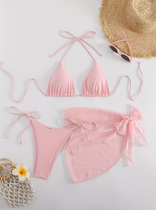 Pastel Pink 3-Piece Bikini Set for Women | Halter Tie Triangle Top, Backless Bikini with Cover-Up | High Stretch Swimwear