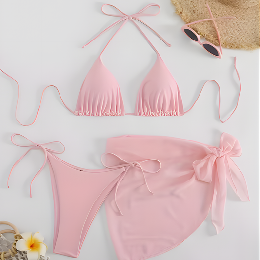 Pastel Pink 3-Piece Bikini Set for Women | Halter Tie Triangle Top, Backless Bikini with Cover-Up | High Stretch Swimwear
