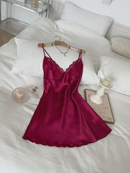 Silk Glow Lace Nightdress – Soft Satin Slip with Lace Detail