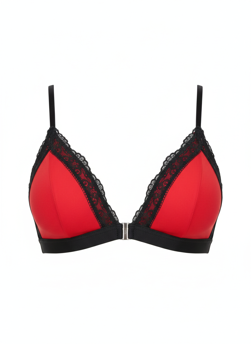 Red front-closure wireless bra with soft stretch fabric, non-padded cups, and delicate lace trim by The Seventh Muse, designed for lightweight everyday comfort.